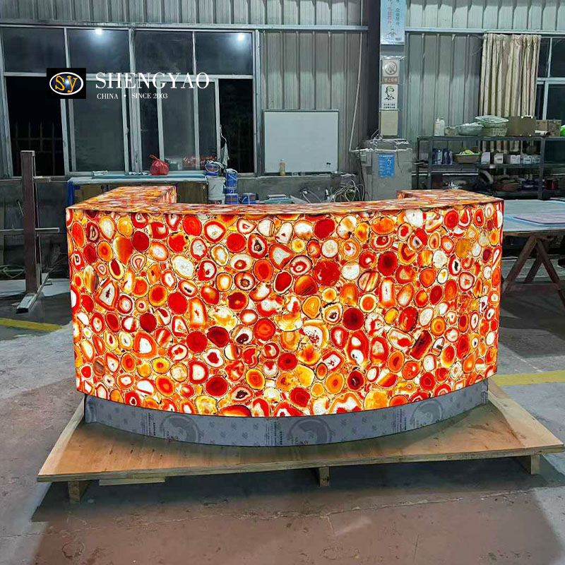 Contador de bares retroiluminado de Agata Roja Natural, barra natal de piedras preciosas translúcidas