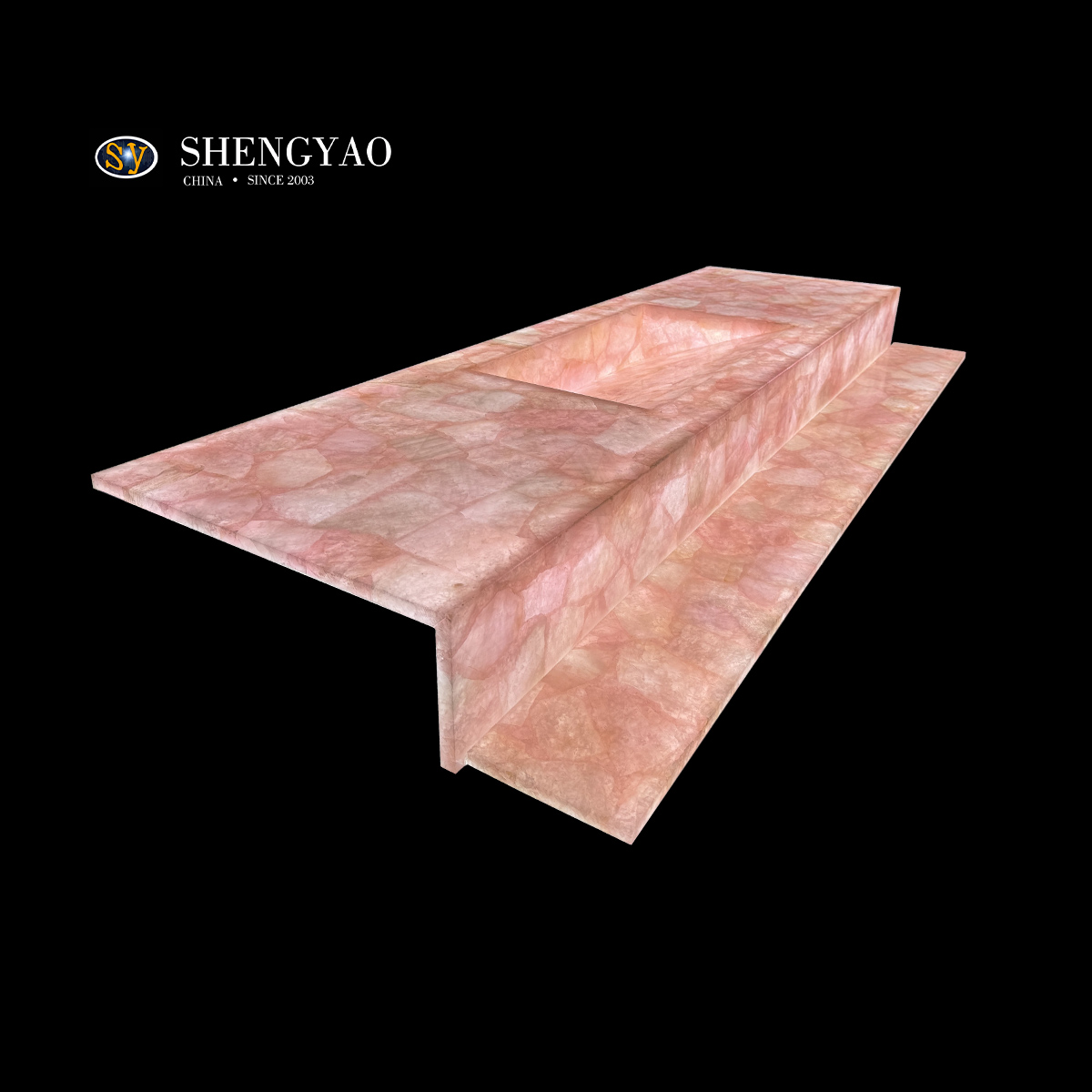 Vanità del quarzo rosa retroilluminato naturale, lavandino in pietra traslucida cristallina rosa