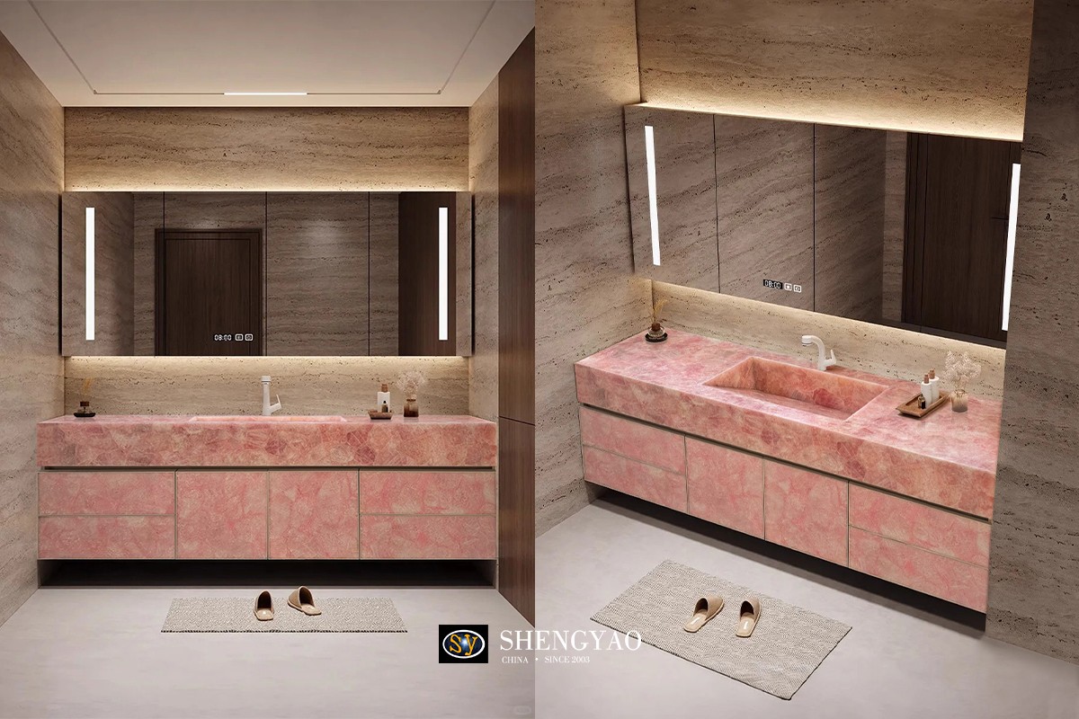 pink crystal rose quartz vanity top countertop sink