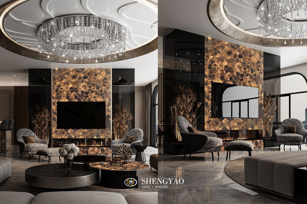 translucent stone smoky quartz slab tv wall panel