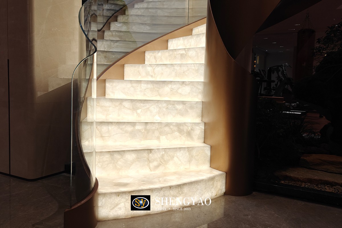 translucent white crystal quartz backlit staircase