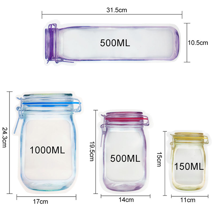 Stand Up Clear Front Mason Jar Pattern Zipper Mylar Bag Plastic Pouch Cute Bottle Shape Reusable Bag