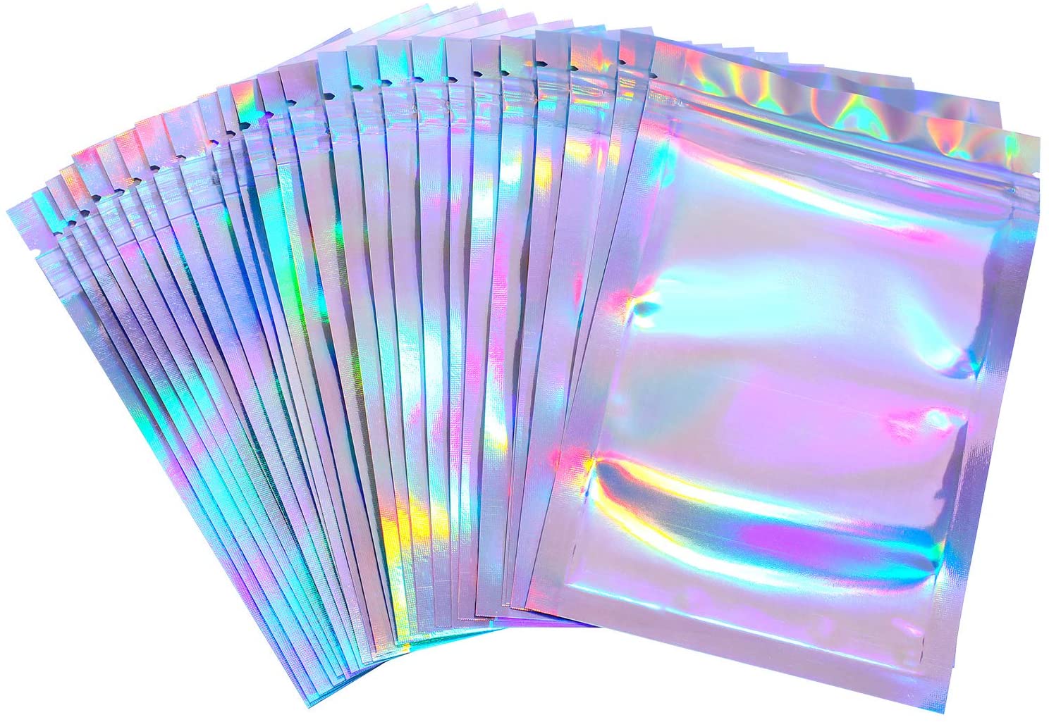 Custom Product Picture Resealable Smell Proof Holographic Rainbow Color Zipper Lock Plastic Packing Foil Bags