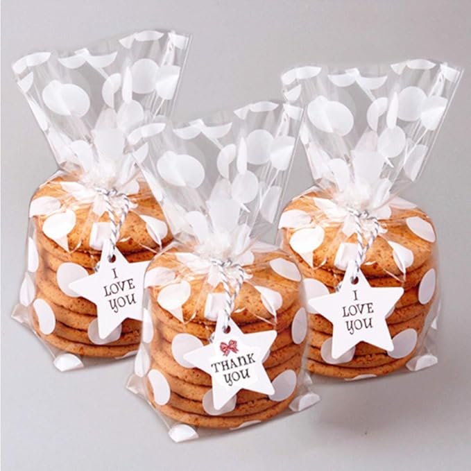 Bottom Gusset Clear Plastic Cookie Bags, White Polka Dots Pattern Small Candy Bags Treat Bags for Muffin Bakery Packaging