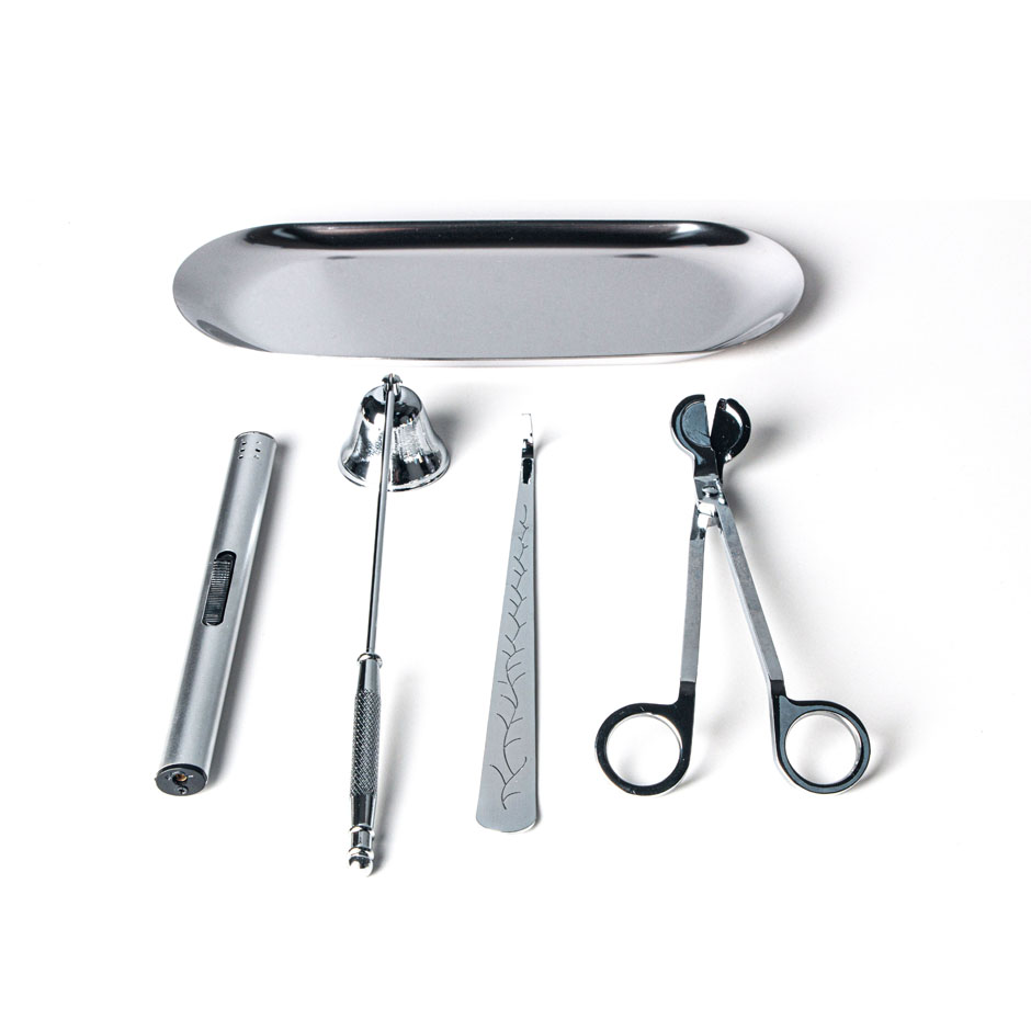 Silver Candle Care Tool Set Wick Trimmer, Candle Dipper, Wick Sunffer, Candle Tray