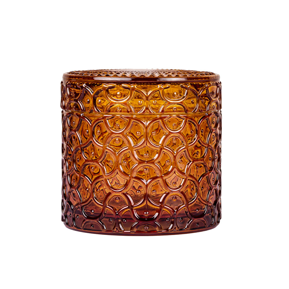 Embossment Glass Empty Votive Candle Jar with Lid On Sale 