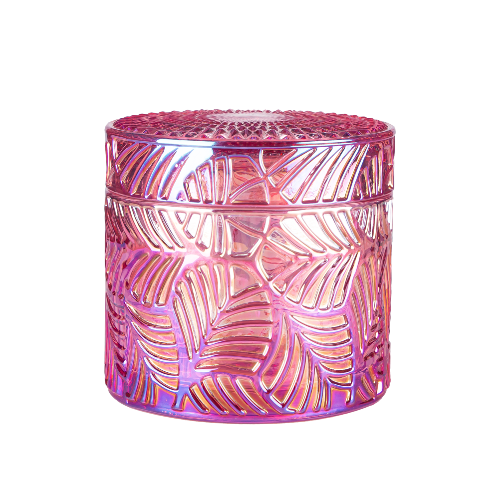 Iron Plating Pink Color Glass Candle Holder With Lid For Grapefruit Soy Candle