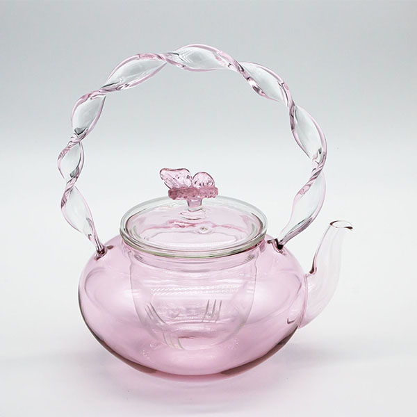 High Borosilicate Pink Tea Pot with Spiral Handle and Glass Infuser
