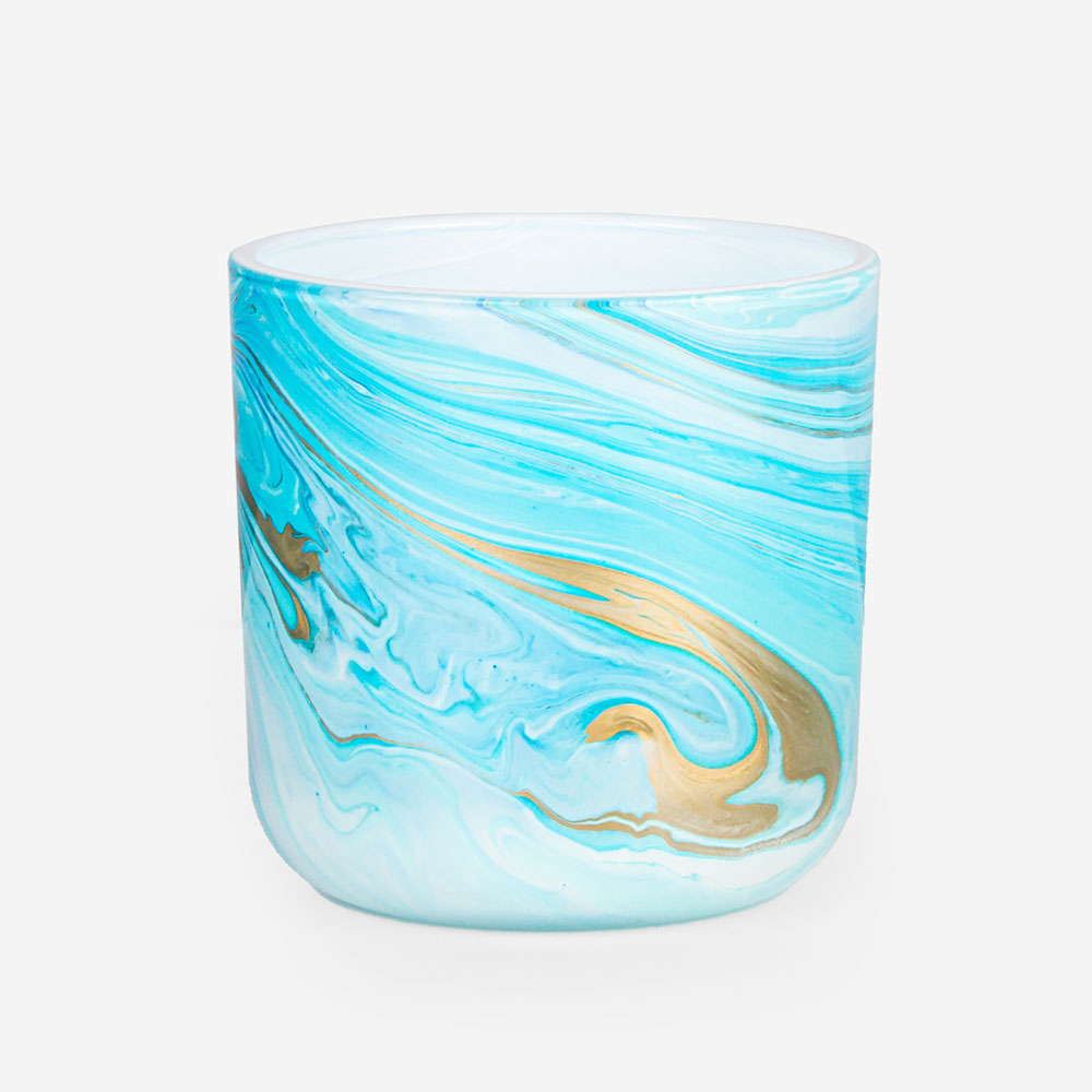 Newly Developed 12oz Round Base Watercolor Glass Candle Holder Blue