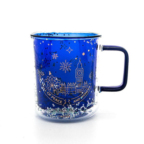 High-end Blue Glitter Decorated Double Wall Coffee mug 13oz