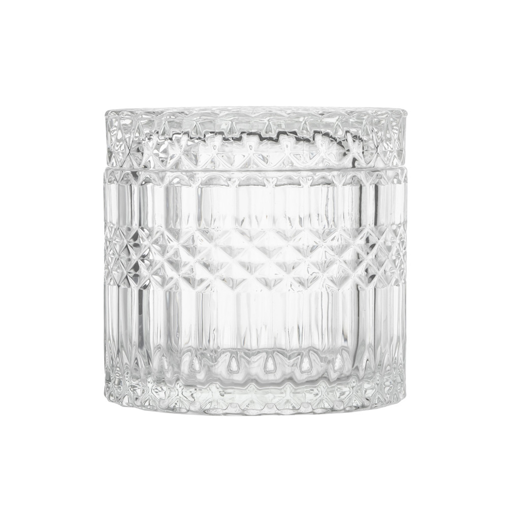 17oz Clear Crystal Cut Glass Geo Diamond Pattern Trinket Jar with Flat Lid