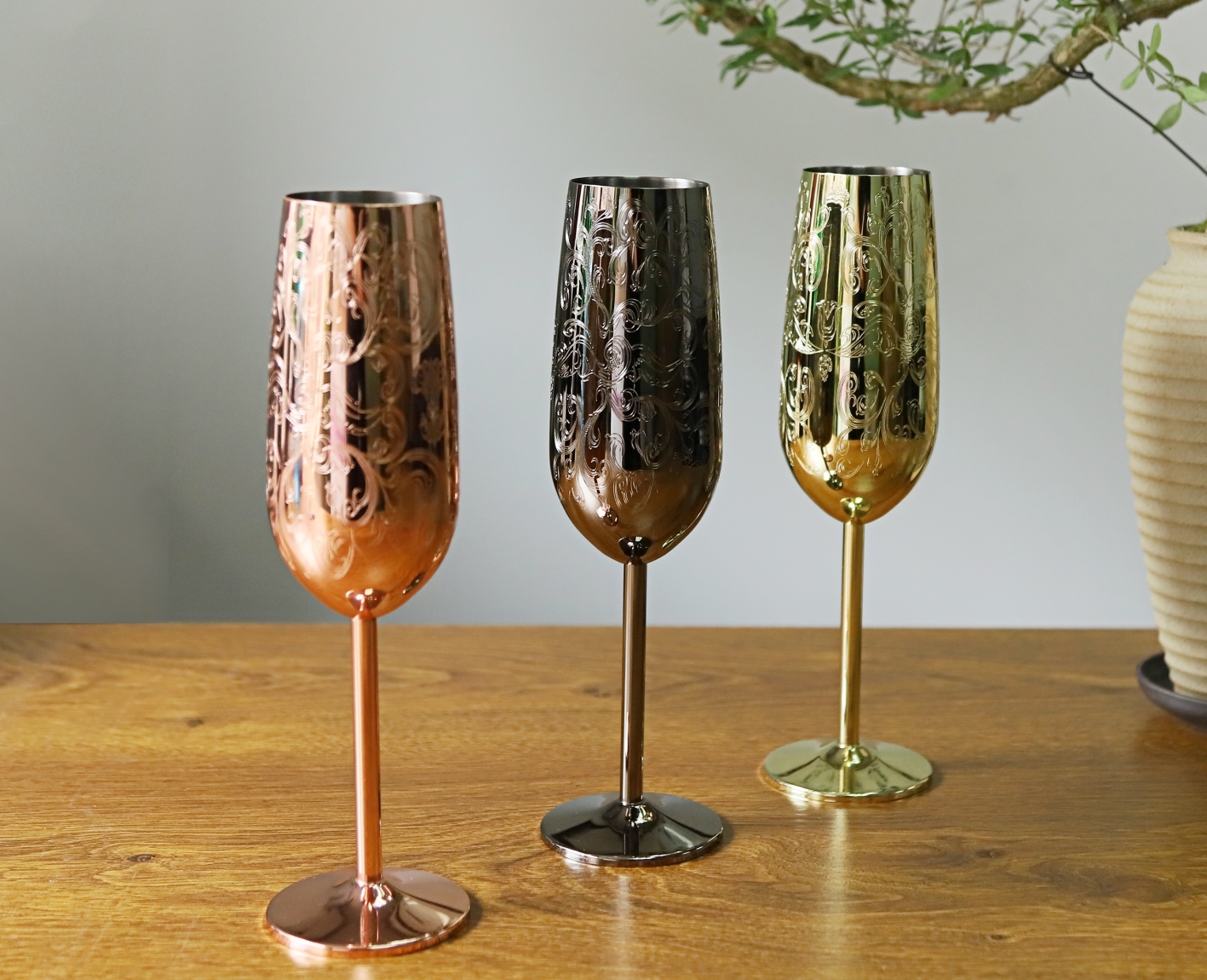 Etched Stainless Steel Champagne Glass