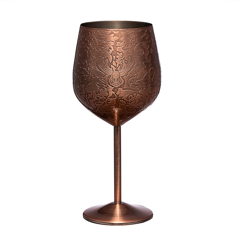 Copo de vinho de aço inoxidável gravado 17oz taças de vinho estilo real banhadas a cobre