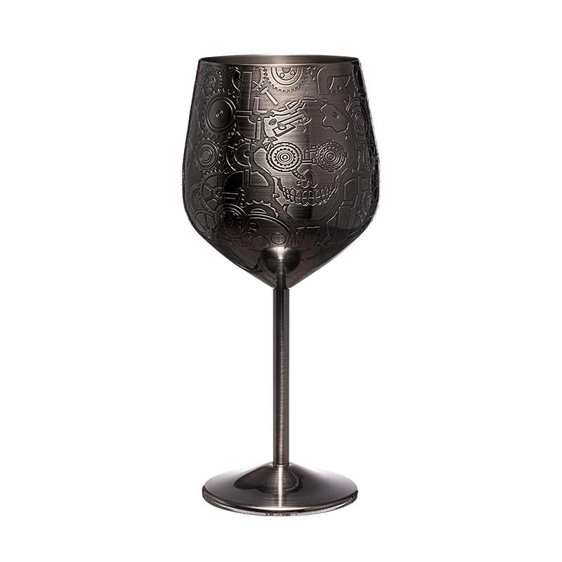 Etching Design Weinglas aus Edelstahl 18/8, schwarzer Kelch im Steampunk-Stil