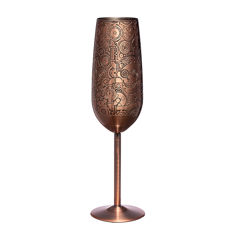 Copa de champán de acero inoxidable 18/8, copa de champán chapada en cobre grabada de 200ml
