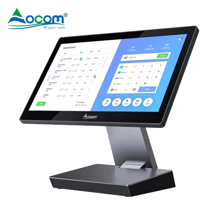 POS-1561 OCOM حل البيع بالتجزئة - نظام تسجيل النقود بشاشة تعمل باللمس من الألومنيوم مقاس 15.6 بوصة - نظام Android Windows Pos فائق النحافة