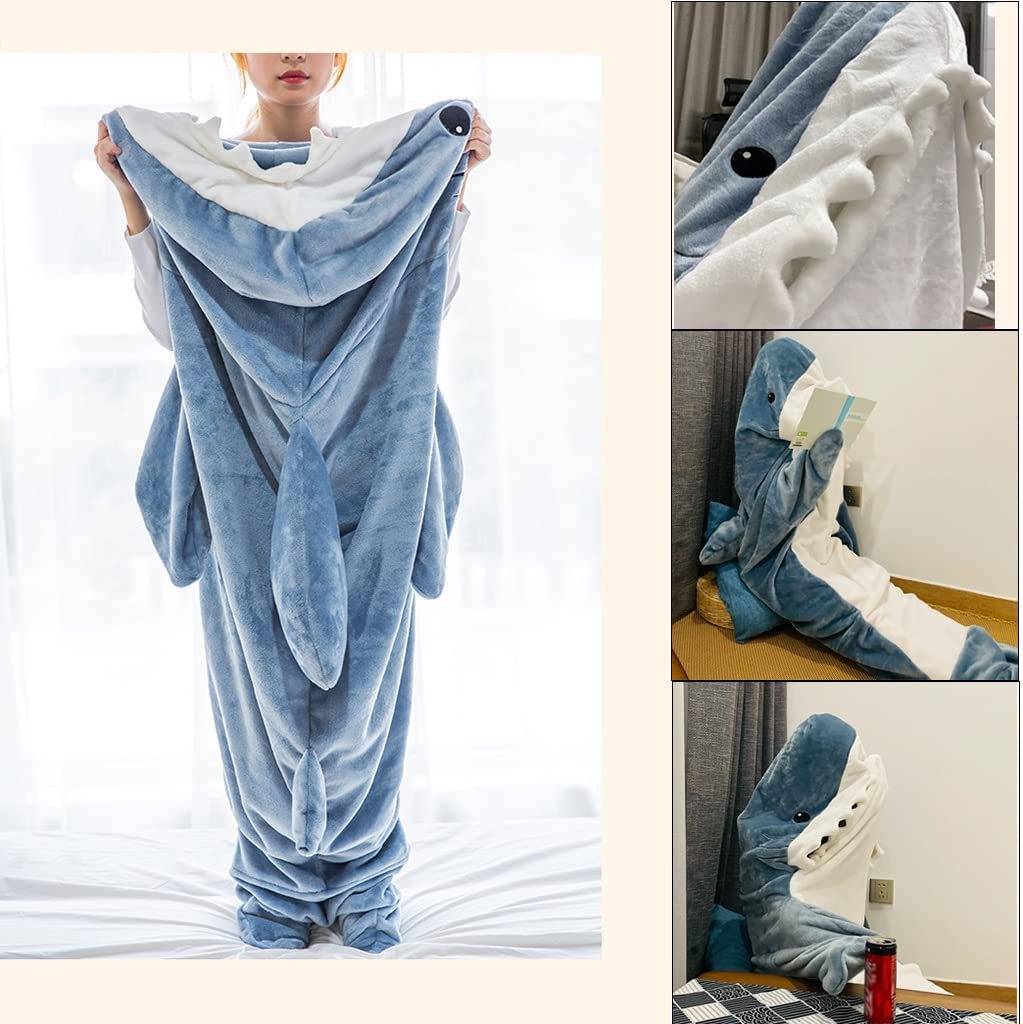 Носимое фланелевое одеяло с изображением акулы, одеяло с капюшоном и спальным мешком