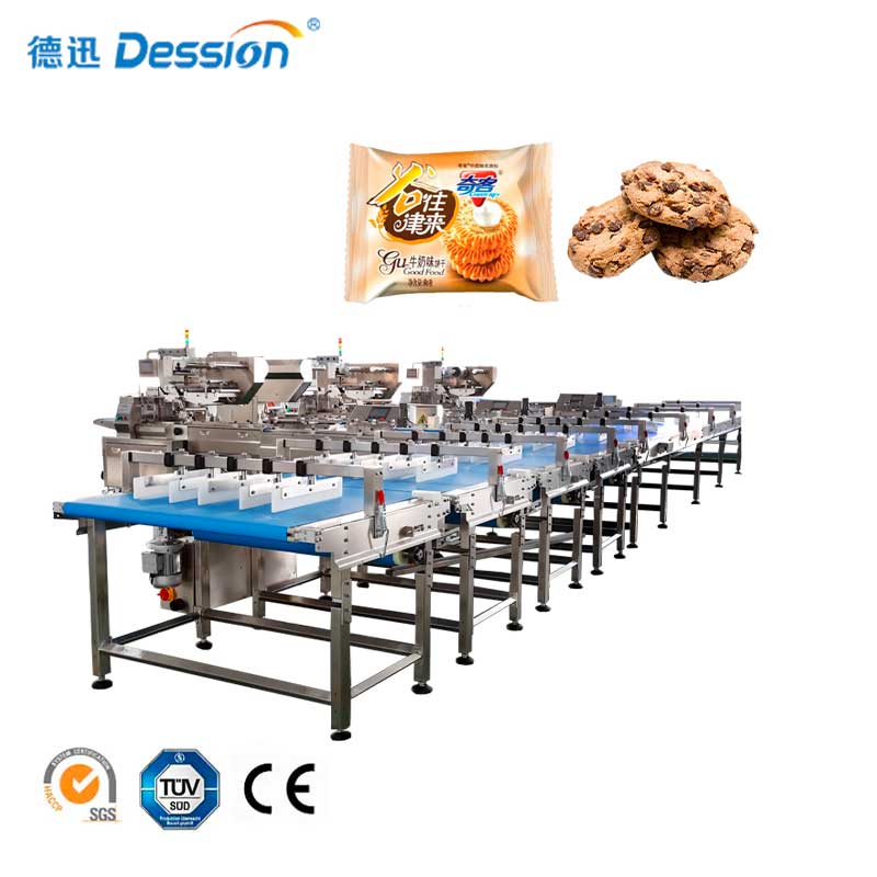 Fully automatic biscuit packaging line egg roll cookies wafer biscuit cake feeding packing machine line