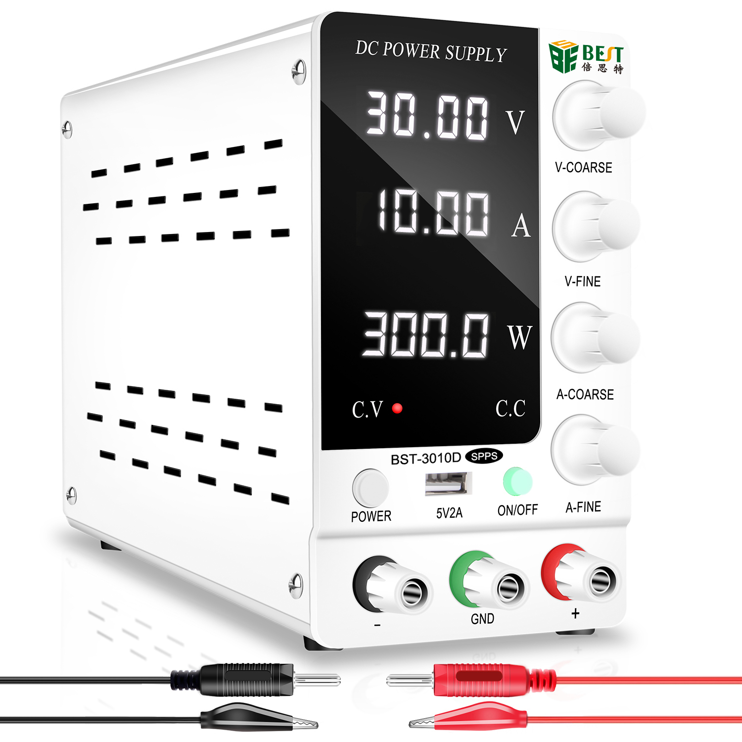 可变直流电源，30V 10A 可调开关稳压直流台式电源，带高精度 4 位 LED 显示，5V/2A USB 端口，粗调和微调，最佳工具 BST-3010D