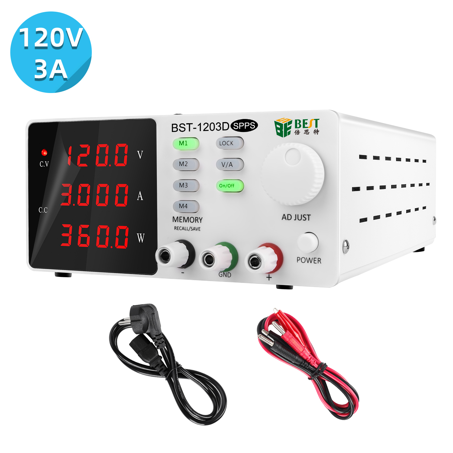DC Power Supply Variable 120V 3A Adjustable Switching Regulated High Precision 4-Digits LED Display， Bench Lab Power Supplies， Best Tool BST-1203D