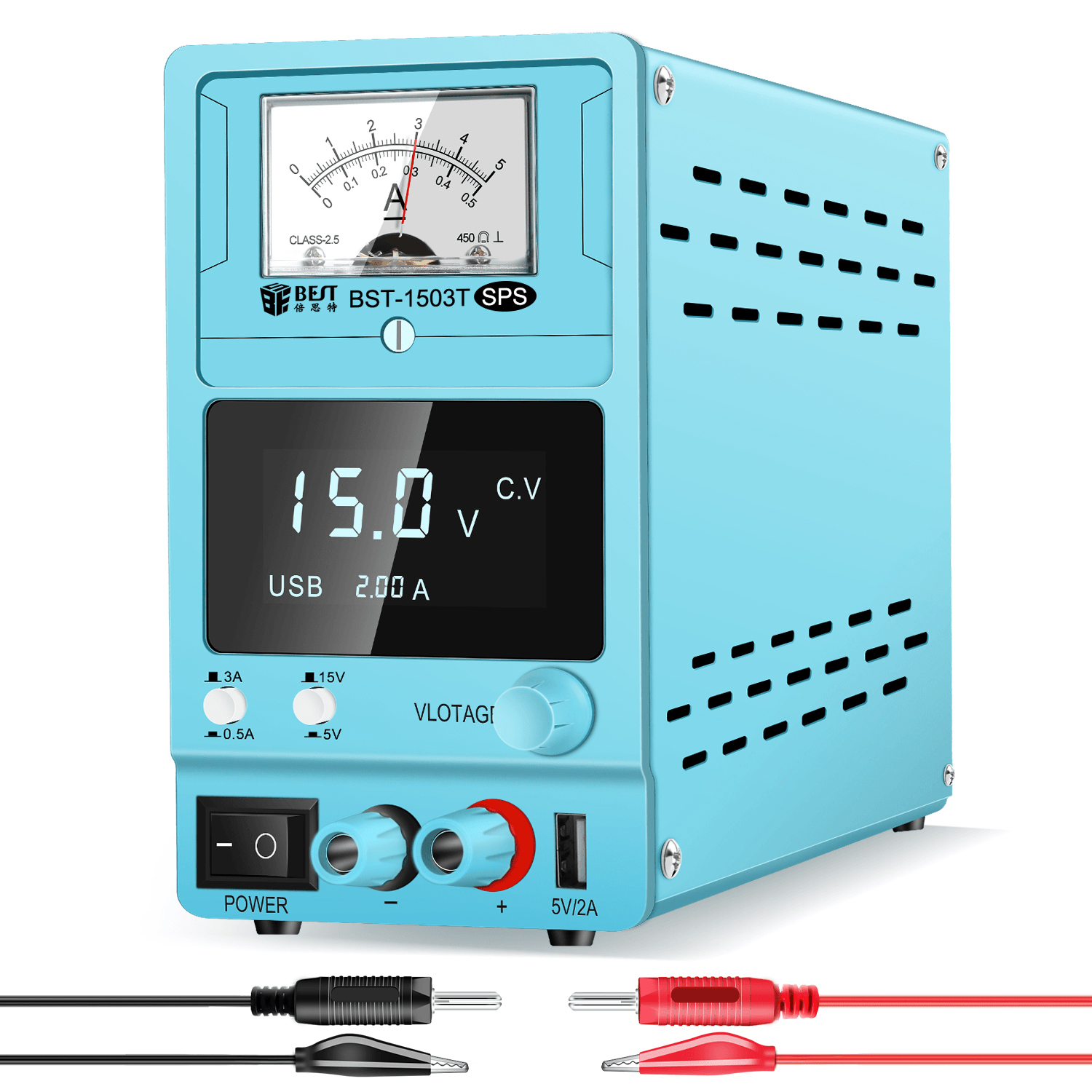 DC Power Supply Variable: 15V 3A Adjustable Switching Regulated LED Display 5V/2A USB Port Test Lead Output & Input Power Cord Bench Lab Power Supplies