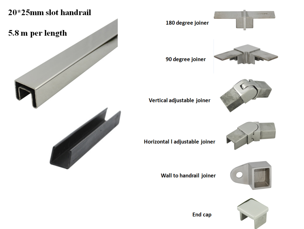 SS316L square 25x20mm, 8K polished slimline handrail and fittings