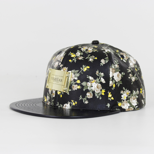 カスタムハワイ花柄プリントのレザーストラップスナップバックキャップ帽子
