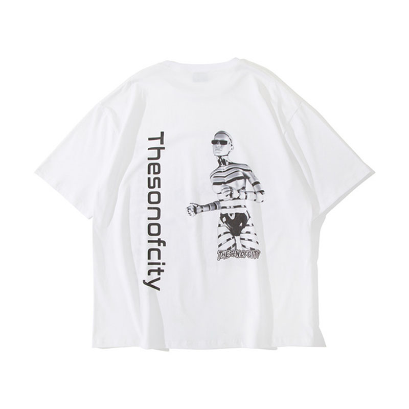 Verão branco solto robô gráfico impressão camiseta para mulheres