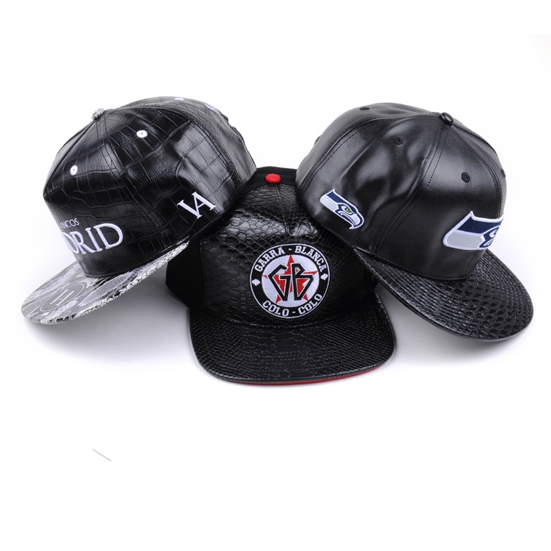 Bordados de cuero negro snapback gorras diseño personalizado en venta