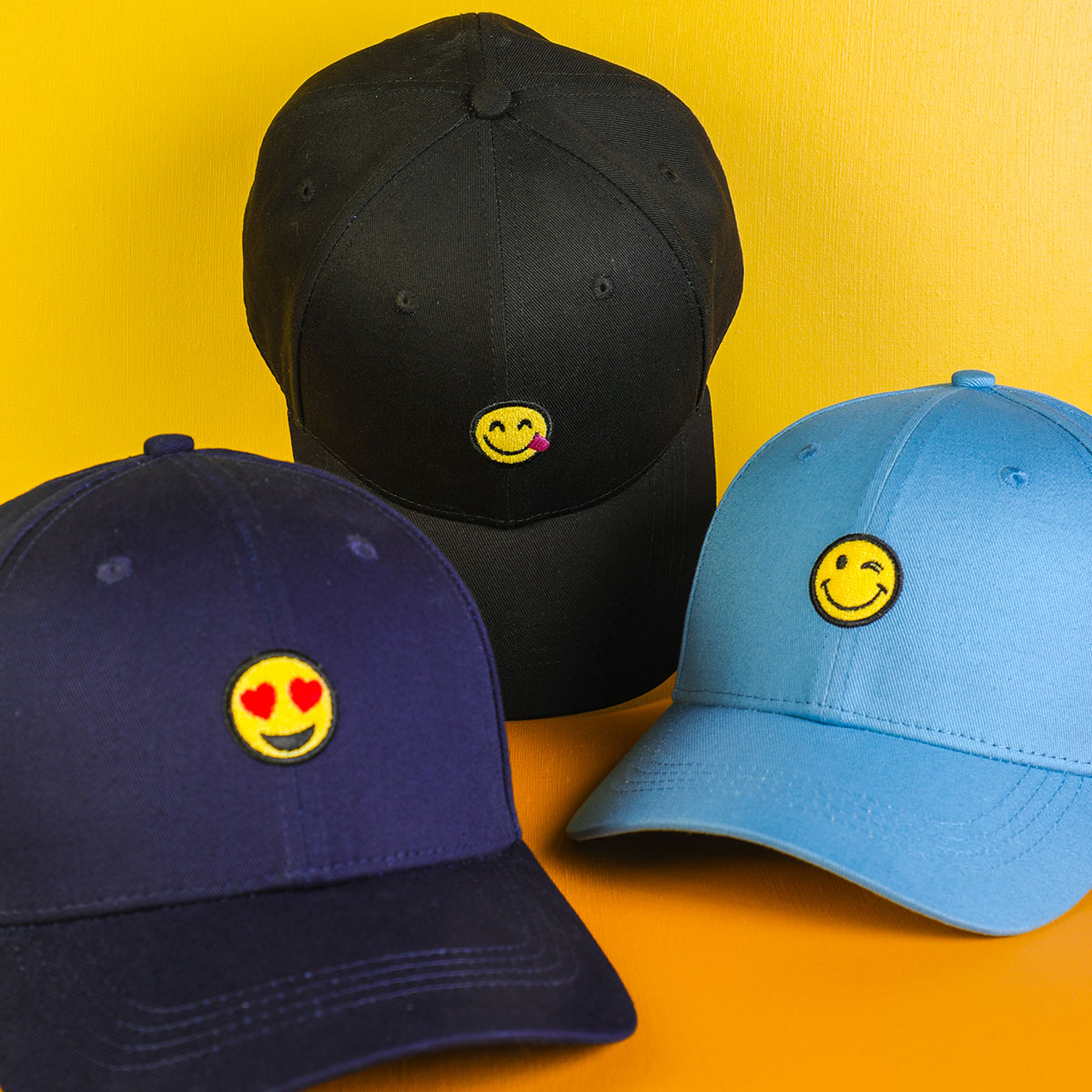 cara sonriente bordada logotipo de emoji sombreros de béisbol deportivos de algodón