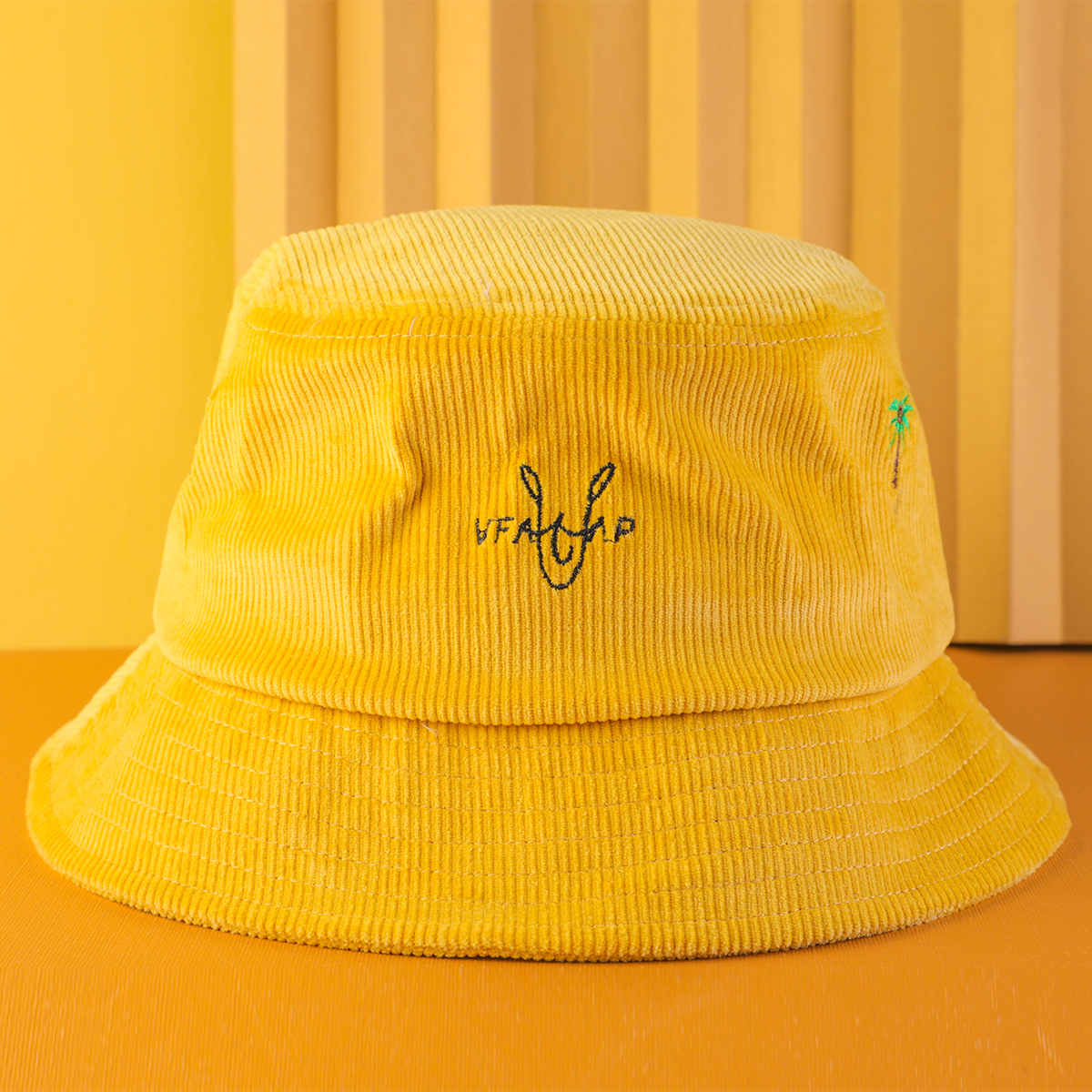 broderie vfa logo jaune velours côtelé seau chapeaux personnalisé