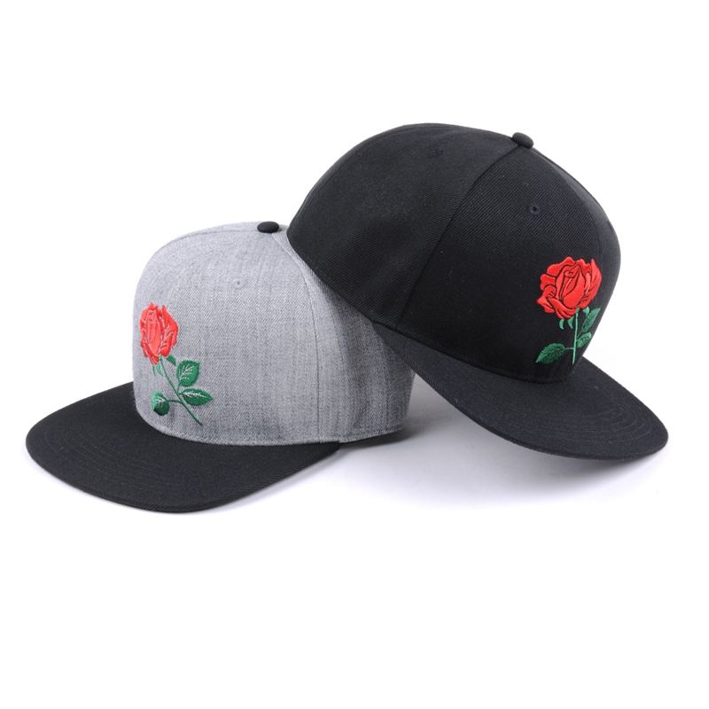 bordado de rosas planas con bordado liso snapback caps logo personalizado