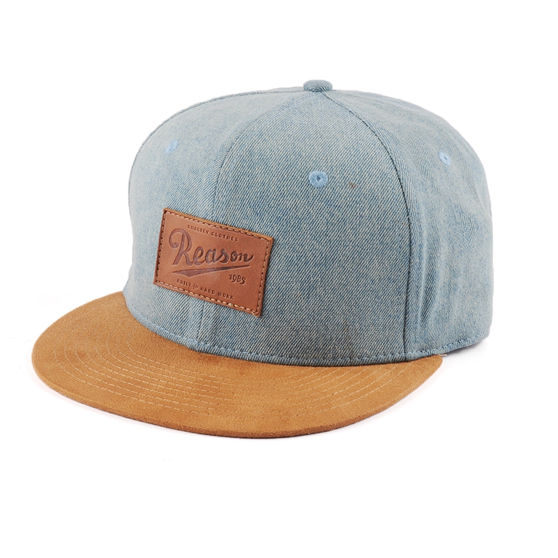 cuero logotipo de ante borde de mezclilla snapback sombreros de fábrica personalizados