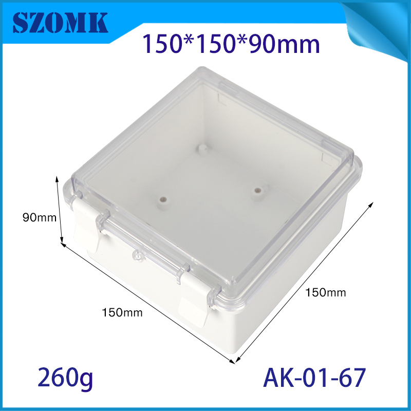 Boîte électrique en plastique à charnière IP66 Boîtier d'instrument imperméable Szomk Enclos de commande de dispositif en plastique Szomk 150 * 150 * 90 mm AK-01-67