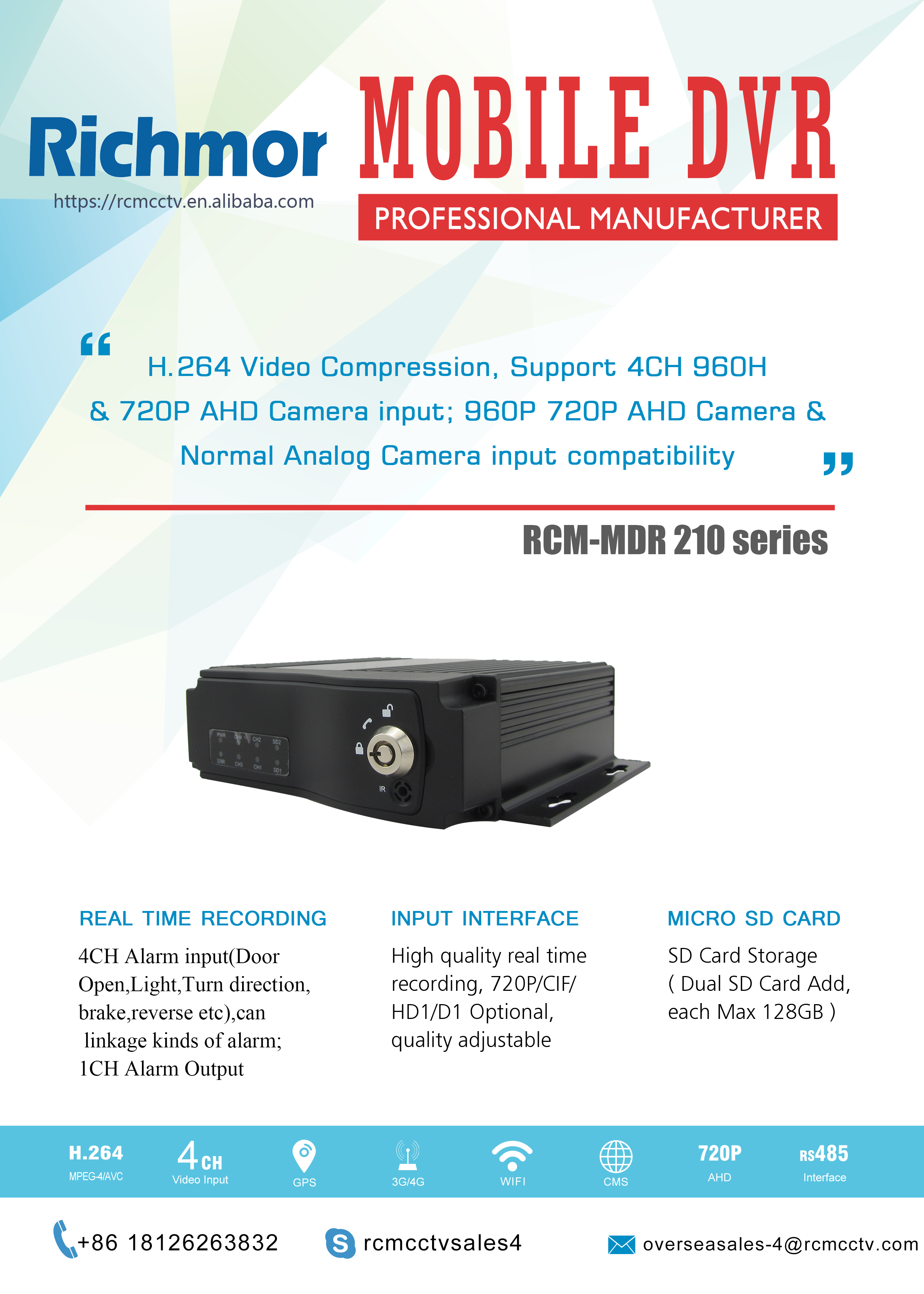 4 channel car dvr system support 4 cameras can be mdvr with gps 3g SIM wifi for truck XY-9639