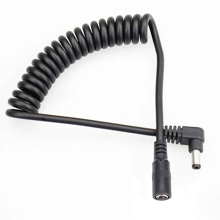 2 core black 90 degree right angle DC 5525 female to male plug PU jacket spiral power cable