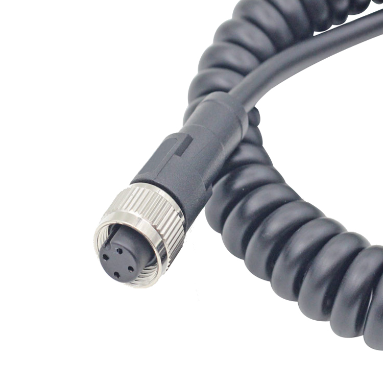 M12 coiled cable 4 core a code female connector pvc pur jacket extend length reach 3 Meters