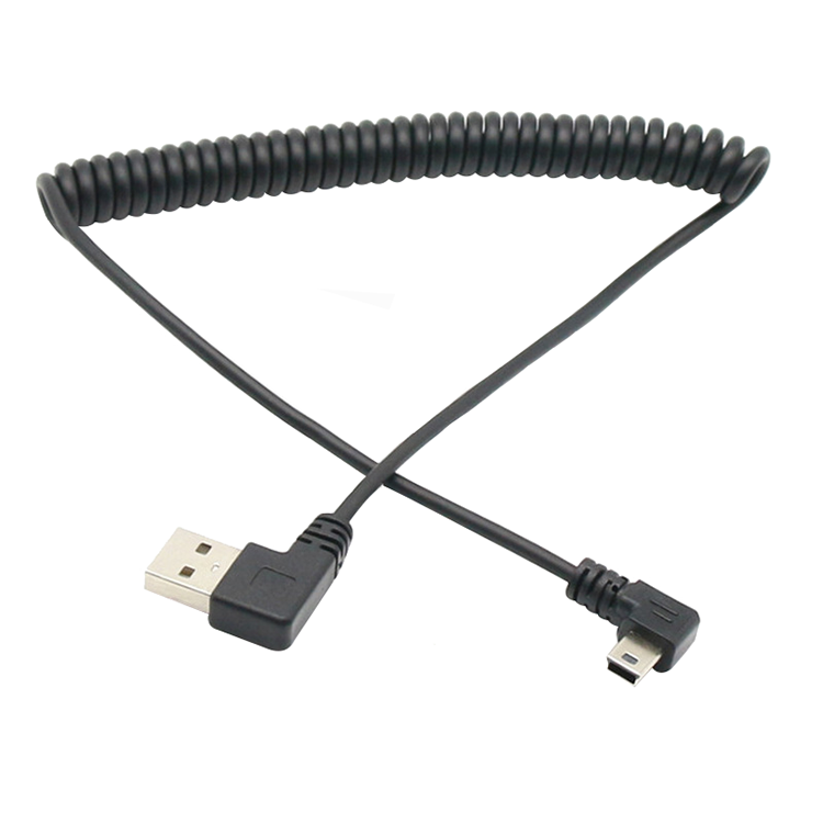 USB 2.0 dual right angle usb a male to mini usb coiled cable