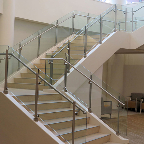 Trapezoidal safety stair railing glass manufacturer, spiral stair railing curved glass supplier