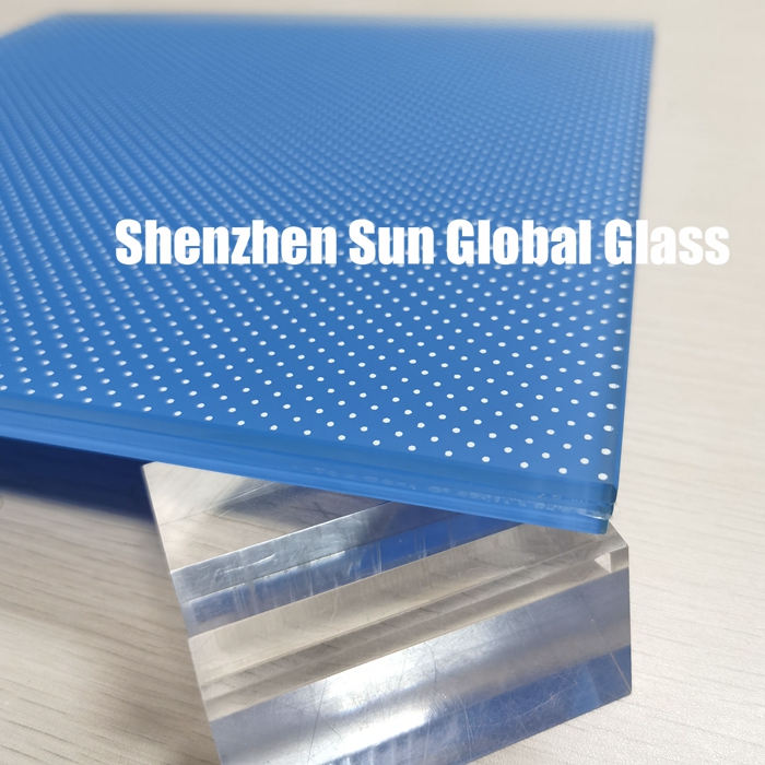 12.28mmの不透明なアンチスリップブルーのラミネートフロアガラス、55.6 esg vsg不明瞭なブルーホワイトのドットフロアガラス、5mmの曇りガラス、白いドット+ 2.28mmのpvb + 5mmのブループリントされたフロアガラス