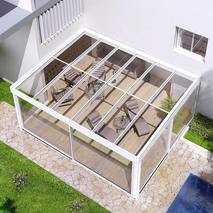 4+12A+4mm insulated glass sunroom, retractable sliding glass patio enclosures, motorized retractable glass sun house with retractable roof