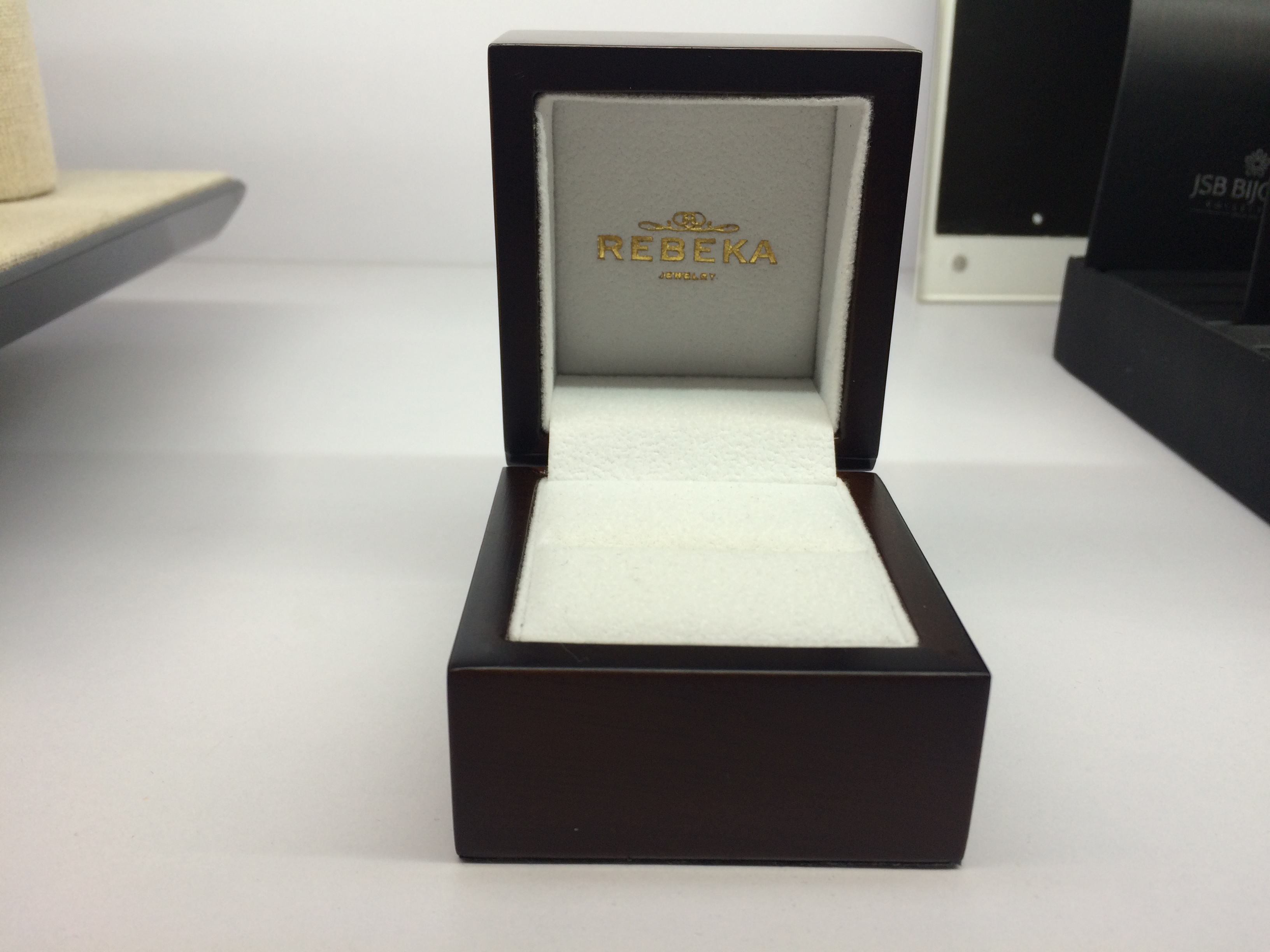 Antique classic wooden ring box with silver and glod printing logo made of high quality wood as beautiful as collections