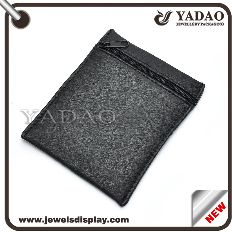 Couro preto tamanho personalizado bolsa de jóias simples com zíper para armazenamento