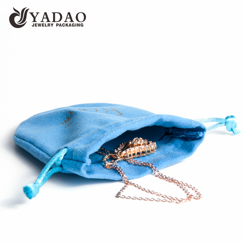 Blue mini double velvet jewelry pouch oval shape with drawstring closure