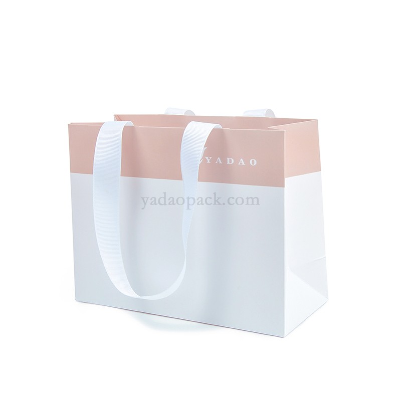 CMYK printing custom size/color/logo  shopping/gift/jewelry packaging paper bag with ribbon handle