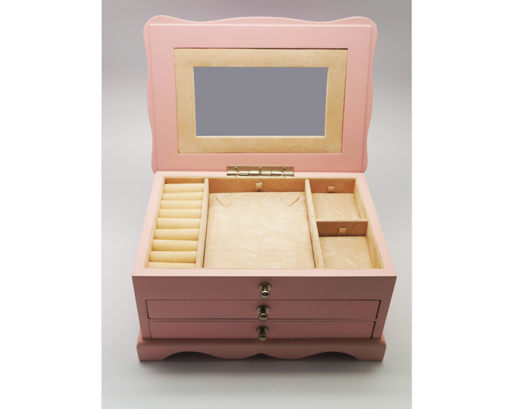 De China de fábrica MOQ tamaño y color rosa cajas de joyas personalizadas para 500 pendientes del anillo del collar y pulsera caja de regalo de madera de embalaje
