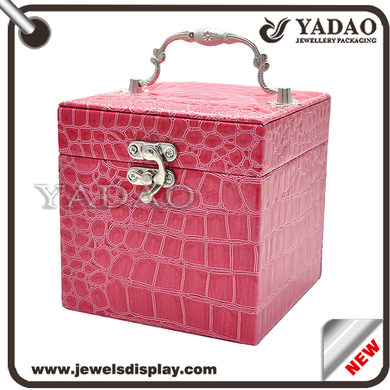 China factory of Stock  MDF jewelry case wrapped with pink PU leather outside and velvet inside for jewelry shop packing and party favors jewellery packing box
