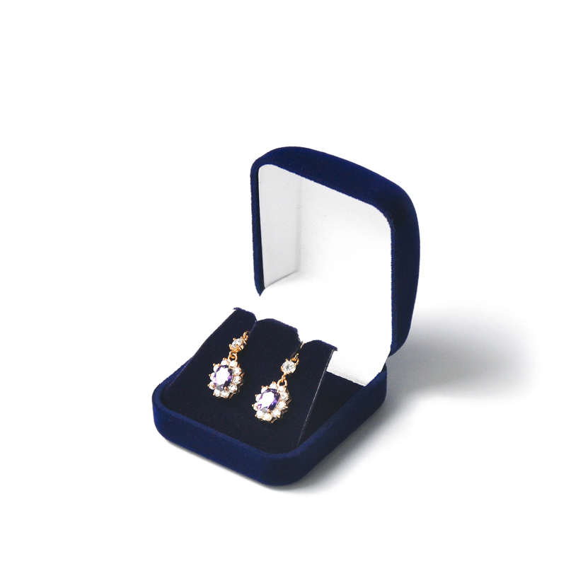 China wholesale dark blue flocking plastic earring jewelry box free logo customize design