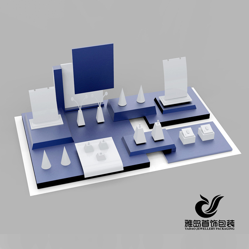 Prix ​​d'usine chinois bleu et blanc personnalisé acrylique bijouterie exposant, bijoux contre de présentation, bijouterie affiche avec l'échantillon personnalisé et le logo offert