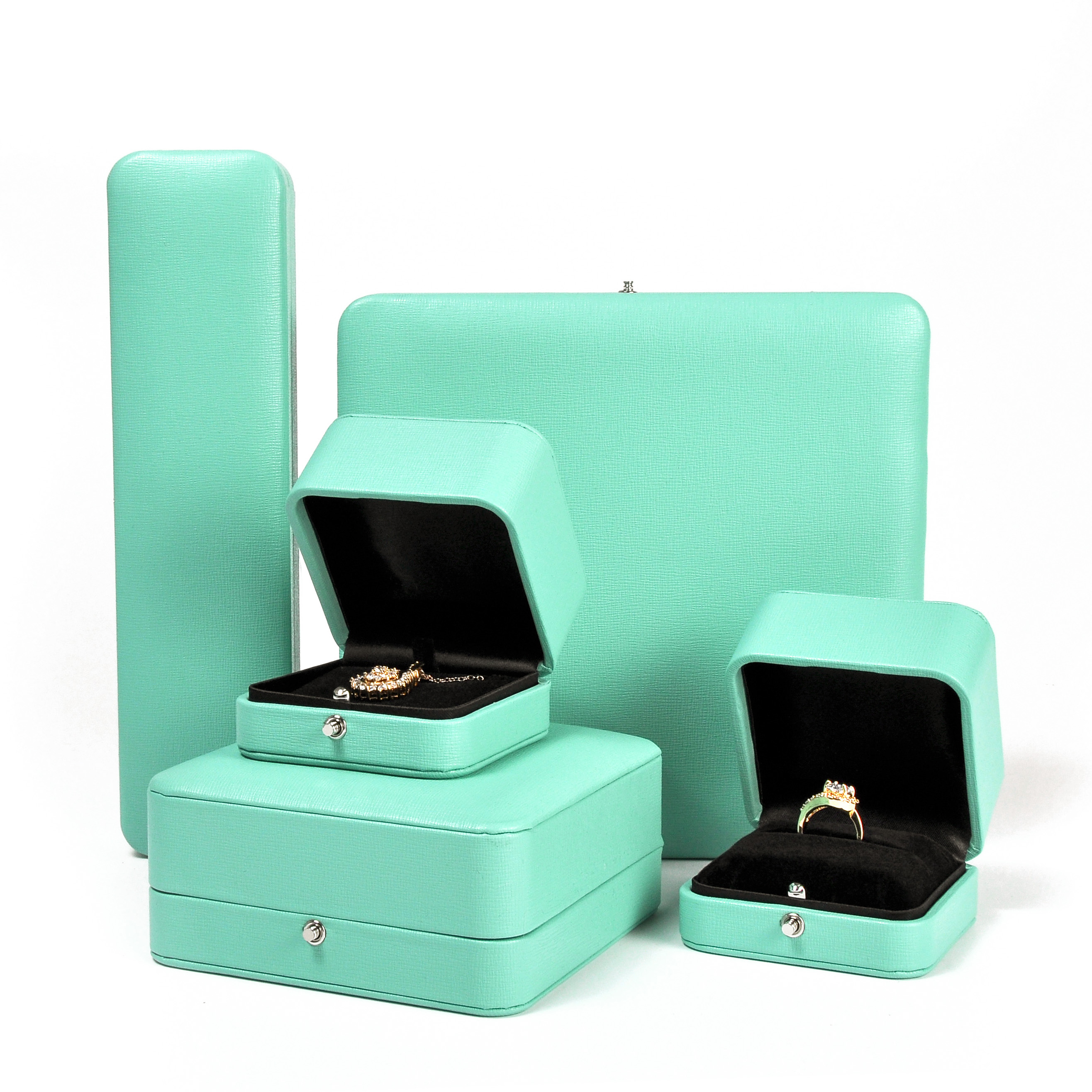 Almacenamiento de cajas de joyería de plástico de botón de venta caliente de esquina redonda verde brillante personalizado